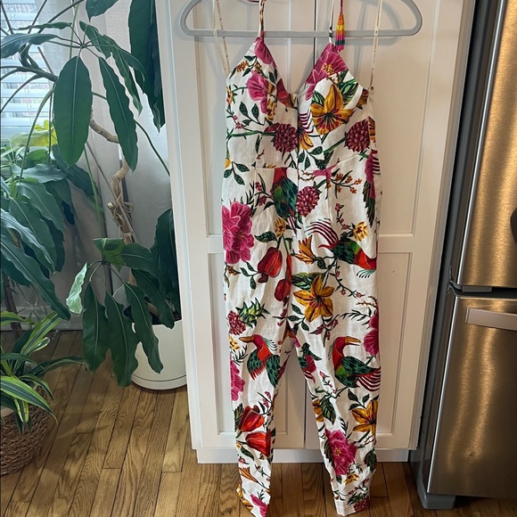 Farm Rio toucans garden halter neck floral jumpsuit size xs NWOT - Picture 3 of 8